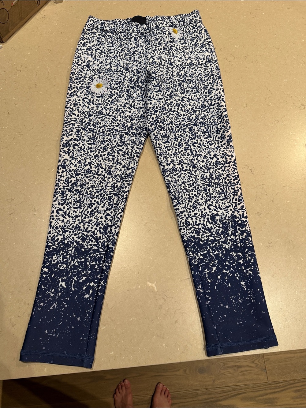 Cynthia Rowley Scuba Knit Floral Pants Blue White Daisy Print